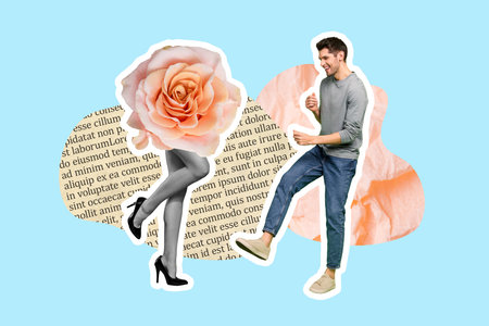 Photo banner creative collage of youngster carefree couple lovers absurd girl pink fresh rose dancing holiday isolated on blue backgroundの写真素材