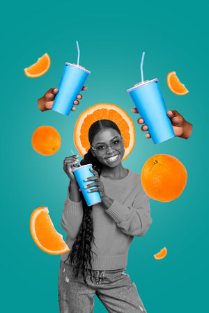 Collage artwork graphics picture of happy smiling lady enjoying fresh juice beverage isolated painting backgroundの写真素材
