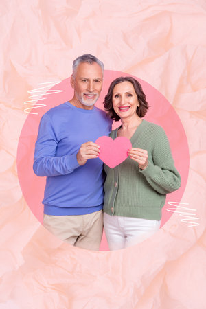 Photo creative collage banner of two retired lovers long years soulmates partners sympathy hold paper postcard isolated on beige backgroundの写真素材