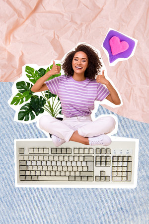 Funny young girl template collage thumbs up demonstrate sympathy like symbol enjoy user mechanical keyboards isolated on drawing backgroundの写真素材