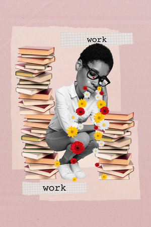 Artwork magazine collage picture of tired upset lady guy gerbera flowers tears isolated drawing backgroundの写真素材