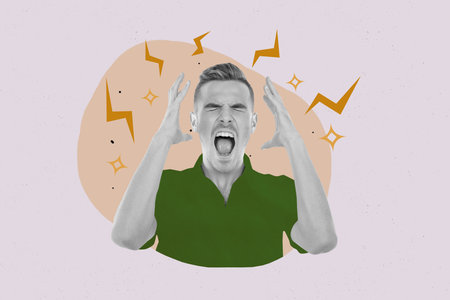 Magazine template collage of mad person suffer from terrible headache having lightning stroke over headの写真素材