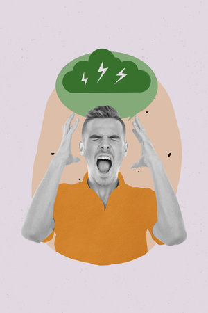 Poster banner collage of furious young guy have rain storm over head suffer terrible migraine pain syndromeの写真素材
