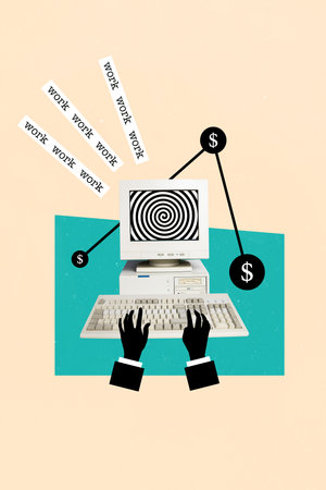 Artwork magazine collage picture of busy worker having earning money addiction isolated drawing...
