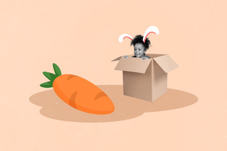 Collage picture of black white gamma mini cute child inside carton box bunny ears big carrot isolated on beige backgroundの写真素材