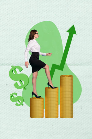 Vertical photo collage business lady trading internet currency climbing up collect golden coins accountant picture backgroundの写真素材