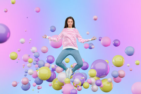 Colorful creative psychedelic collage of peaceful lady develop new breathing techniques harmony...