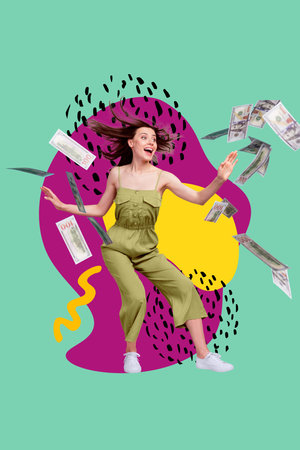 Creative template collage of young carefree girl wear green overalls celebrate shopping season spend dollars isolated on green backgroundの写真素材