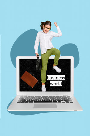 Composite collage photo of young schoolgirl first representative job fist up laptop display business world isolated on blue backgroundの写真素材