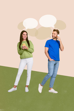 Vertical collage of two young couple friends girl speaking calling her boyfriend conversation phone...