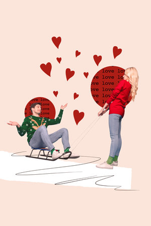 Postcard valentine day winter holidays weekend collage couple tradition girl drag sleigh boyfriend love story isolated on beige backgroundの写真素材