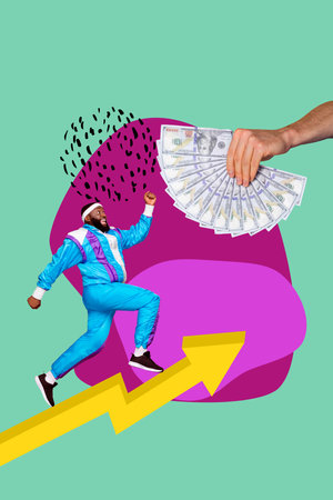 Creative abstract template graphics collage image of funky cool guy running earning cash isolated...