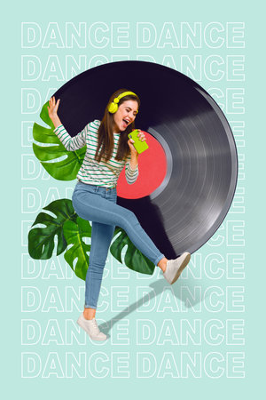 3d retro abstract creative artwork template collage of funny lady singing modern device isolated painting backgroundの写真素材