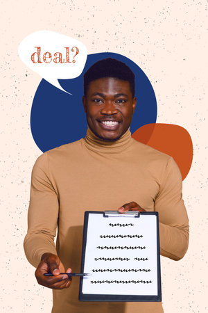 Photo portrait of young business man collage interviewer asking you put signature paper notepad deal commerce isolated on beige backgroundの写真素材