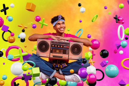 Poster banner collage of hipster guy use high technology boom box make metaverse reality with stereo...