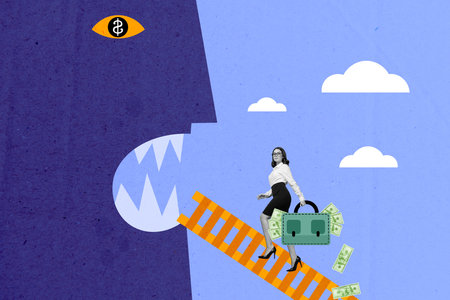 Creative collage of mini black white colors girl hold money cash bag climb ladder huge monster mouth painted clouds isolated on blue backgroundの写真素材