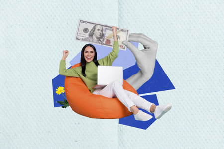 Magazine collage picture of excited business person sitting bean bag chair using netbook earning money on financial stockの写真素材