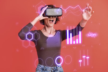 Metaphor creative template collage of businesswoman use futurism goggles touch holographic menu...