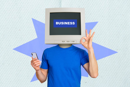 Magazine poster banner collage of business person with pc computer screen using gadget for work apps
