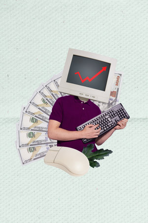 Vertical photo collage business guy computer screen instead head trading internet currency wealthy...