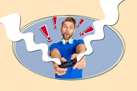 Collage portrait of impressed guy hold controller playing video games tryhard steam exclamation mark...