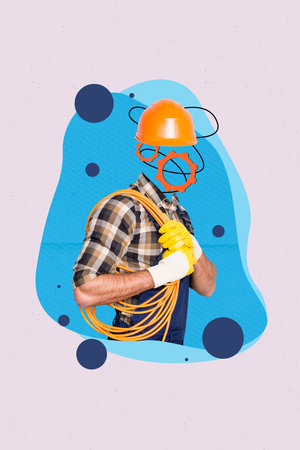 Photo collage artwork minimal picture of electrician gearwheel instead head holding cable isolated drawing backgroundの写真素材