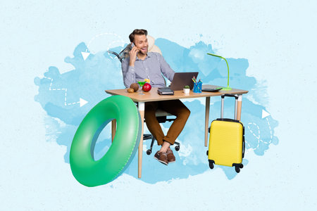 3d retro creative artwork template collage of happy guy distance working talking modern device isolated painting backgroundの写真素材