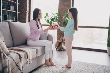Photo of sweet pretty daughter mom dressed casual clothes giving heart shape present box indoors apartment roomの写真素材