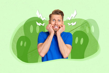 Creative collage picture of frightened impressed guy bite finger nails painted ghosts isolated on...