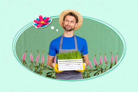 Artwork collage image of minded guy hands hold plant grass box think flower isolated on creative backgroundの写真素材