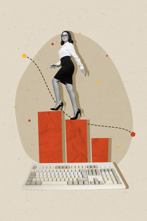 Photo cartoon comics sketch collage picture of purposeful lady walking achieving success isolated creative backgroundの写真素材