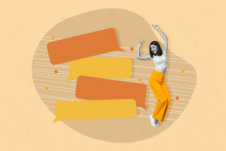 Creative collage of young dance girl have fun chill listen rhythm careless enjoy use social media messenger isolated on yellow backgroundの写真素材