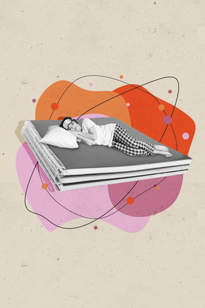 Vertical collage image of black white effect mini girl sleeping big notebook instead bed isolated on painted backgroundの写真素材