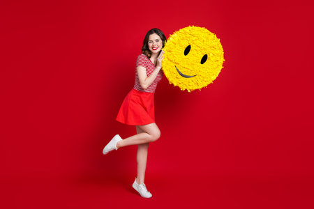 Full body portrait of stunning cheerful lady hands hold big smiley emoji collage isolated on red color backgroundの写真素材