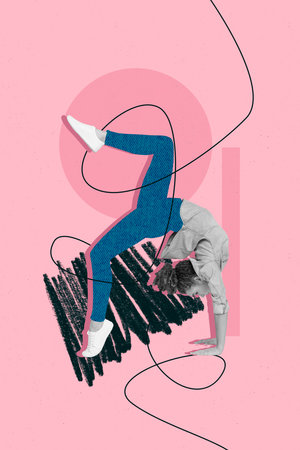 Vertical collage picture of black white gamma girl stand arms upside down isolated on painted pink...