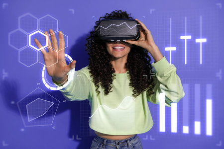 Metaphor surreal poster collage of lady using vr box goggles touch hand cyberspace choose esport...