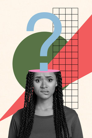 Vertical collage image of black white effect worried girl biting lips big question mark head...