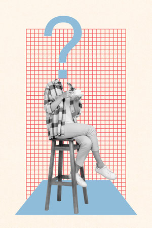 Exclusive magazine picture sketch collage image of questioned lady drinking beverage isolated...