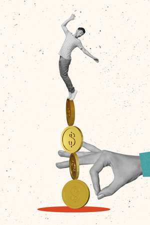 Vertical abstract collage picture of black white effect arm fingers hit ruin mini guy stand pile stack money coins isolated on painted backgroundの写真素材