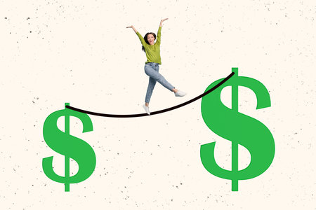 Photo collage artwork minimal picture of cool excited lady walking rope between dollar signs isolated creative backgroundの写真素材