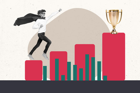 Collage 3d pinup pop retro sketch image of cool confident super guy winning cup isolated painting backgroundの写真素材