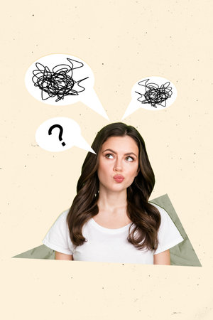 Vertical collage of young girl minded thoughts questioned about solving problems no idea look curious hmm isolated on beige backgroundの写真素材