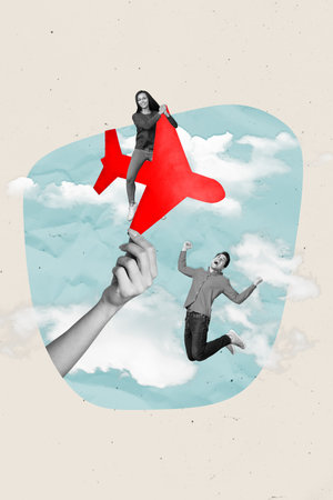 Collage 3d pinup pop retro sketch image of smiling funny couple flying anniversary trip together isolated painting backgroundの写真素材