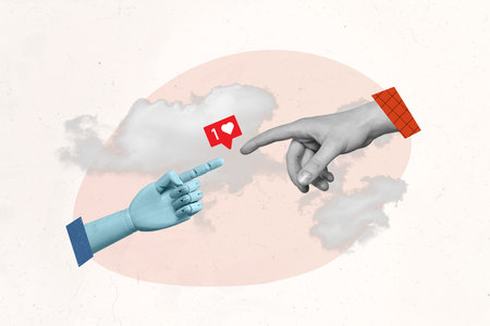 Poster banner collage of two human arms touch with like notification disabled healthcare...