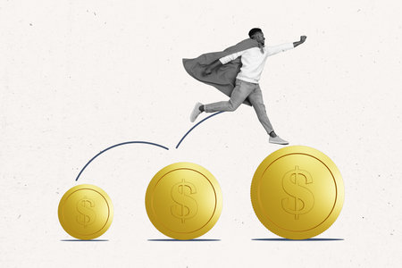 Creative retro 3d magazine collage image of purposeful super guy walking running coins isolated white color backgroundの写真素材