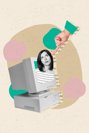 Vertical collage picture of arm point finger black white colors girl inside pc screen isolated on...