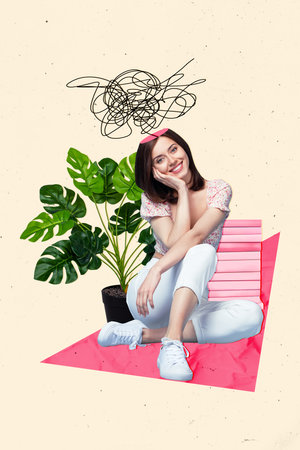 Vertical collage picture of positive girl painted messy mind head house plant pile stack book isolated on painted backgroundの写真素材