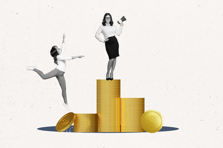 Artwork magazine collage picture of lady boss calling workers money earning education isolated drawing backgroundの写真素材