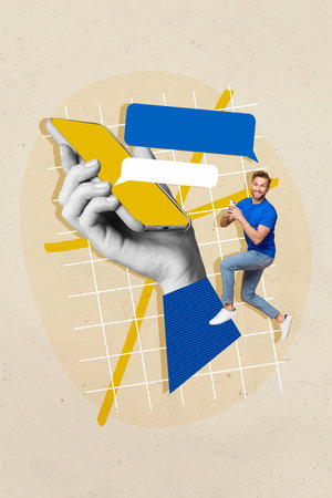 3d retro abstract creative artwork template collage of funky guy chatting isolated painting backgroundの写真素材