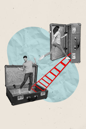 Vertical collage picture of two black white gamma people dance climb ladder huge retro valise...